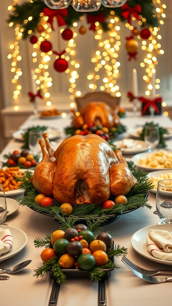 A festive Christmas dinner table with roast turkey, mashed potatoes, and holiday decorations.